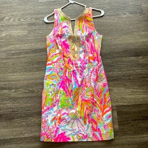 Lilly Pulitzer Janice Gold Embroidered Cotton Pink Shift Dress in Scuba to Cuba